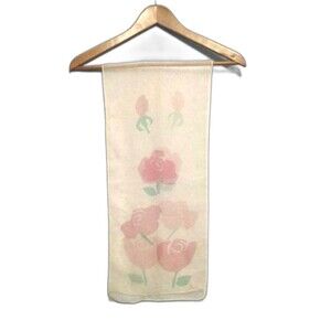 Vintage Vera Beige Chiffon Rose Floral Pattern Oblong Scarf Sheer